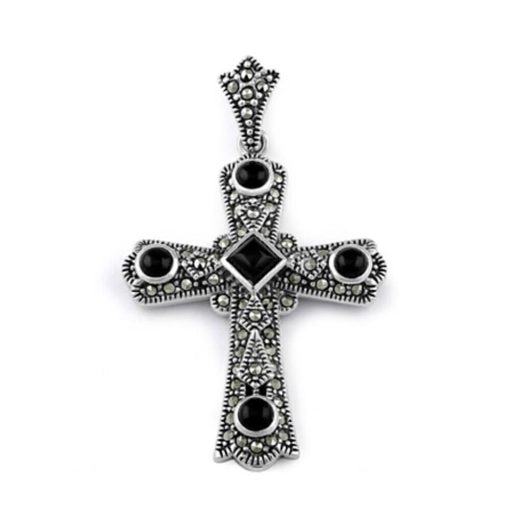 New Sterling Silver Black Onyx Cross Marcasite Necklace Pendant
